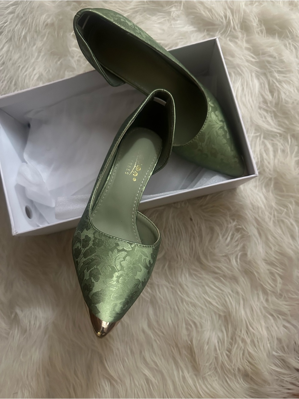 Green D'Orsay Pointed Toe Heels with Gold Cap